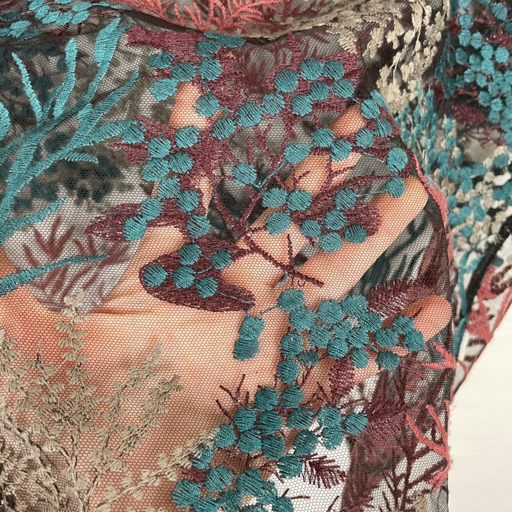 Zara Sheer Mesh Embroidered Botanical Print Top Womens M Modern Artsy Teal Pink - Picture 2 of 7